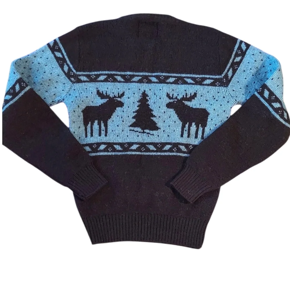 Merrimac Valley Ladies Wool Black and Blue Moose Crewneck Sweater Size M